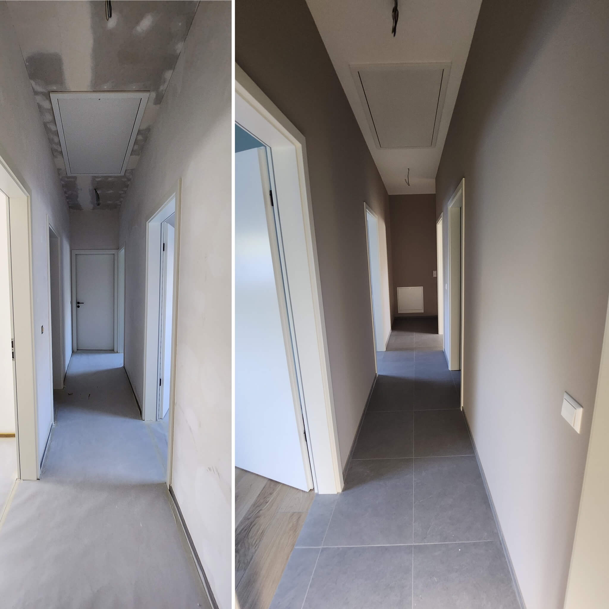 avant/après travaux de peinture dans un couloir