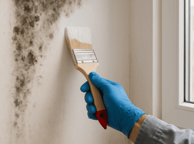 Une personne portant un gant bleu applique de la peinture blanche au pinceau sur un mur intérieur taché de moisissure, près d’une fenêtre blanche.