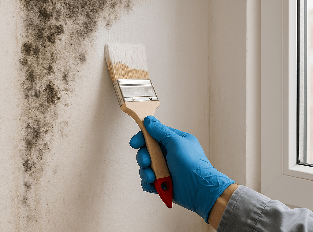 Une personne portant un gant bleu applique de la peinture blanche au pinceau sur un mur intérieur taché de moisissure, près d’une fenêtre blanche.