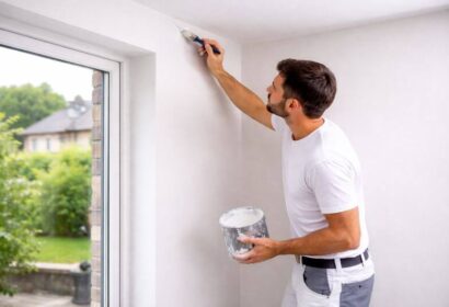 Peintre professionnel réalisant une finition de peinture intérieure sur l’angle mur-plafond à Arlon